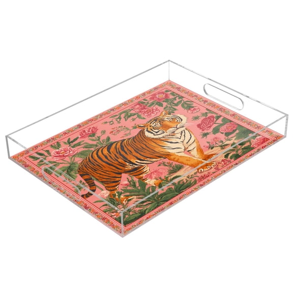 Acrylic Serving Tray 15.7x11.8 Inch Jungle Tiger Tapestry Anti-Spill Decorative Tray with Handles, Countertop Storage Organizer for Kitchen Dining Restaurant Bathroom