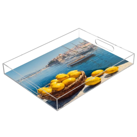Acrylic Serving Tray 15.7x11.8 Inch Lemon Basket Harbor Painting Anti-Spill Decorative Tray with Handles, Countertop Storage Organizer for Kitchen Dining Restaurant Bathroom