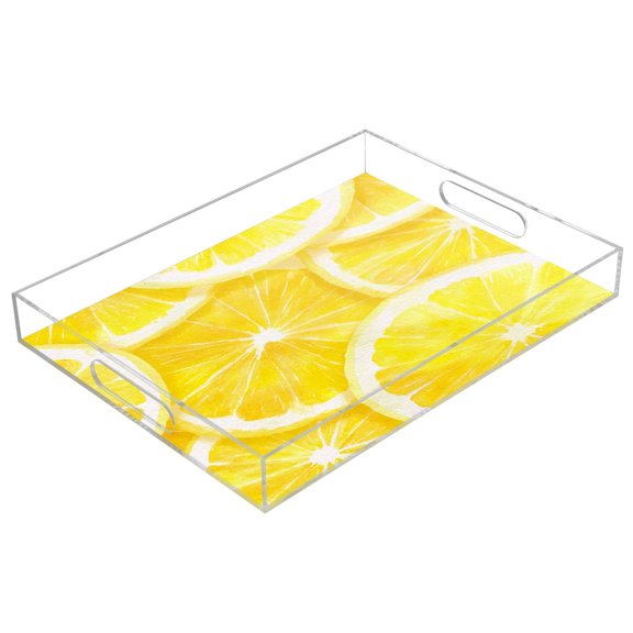 Acrylic Serving Tray 15.7x11.8 Inch Lemon Slice Pattern Anti-Spill Decorative Tray with Handles, Countertop Storage Organizer for Kitchen Dining Restaurant Bathroom