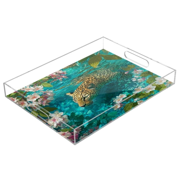 Acrylic Serving Tray 15.7x11.8 Inch Leopard Swimming Anti-Spill Decorative Tray with Handles, Countertop Storage Organizer for Kitchen Dining Restaurant Bathroom