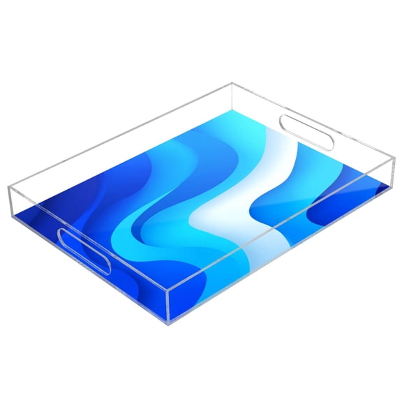 Acrylic Serving Tray 15.7x11.8 Inch Light Blue Flowing River Anti-Spill Decorative Tray with Handles, Countertop Storage Organizer for Kitchen Dining Restaurant Bathroom