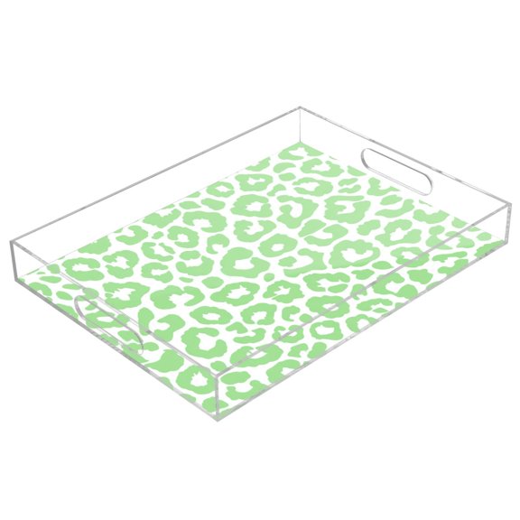Acrylic Serving Tray 15.7x11.8 Inch Light Green White Leopard Pattern Anti-Spill Decorative Tray with Handles, Countertop Storage Organizer for Kitchen Dining Restaurant Bathroom