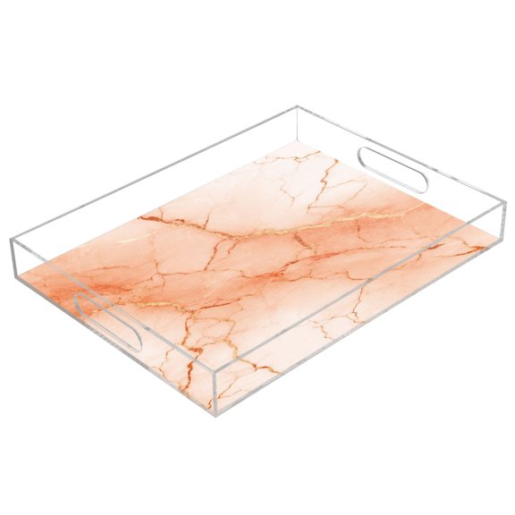 Acrylic Serving Tray 15.7x11.8 Inch Light Orange Marble Crack Anti-Spill Decorative Tray with Handles, Countertop Storage Organizer for Kitchen Dining Restaurant Bathroom