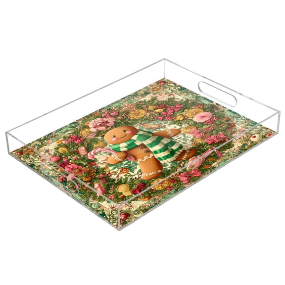 Acrylic Serving Tray 15.7x11.8 Inch Lovely Christmas Gingerbread Man Anti-Spill Decorative Tray with Handles, Countertop Storage Organizer for Kitchen Dining Restaurant Bathroom