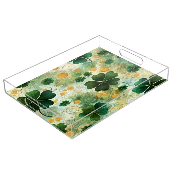Acrylic Serving Tray 15.7x11.8 Inch Lucky Clover Coin Pattern Anti-Spill Decorative Tray with Handles, Countertop Storage Organizer for Kitchen Dining Restaurant Bathroom