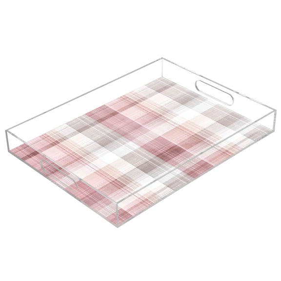 Acrylic Serving Tray 15.7x11.8 Inch Magenta Checkered Pattern Anti-Spill Decorative Tray with Handles, Countertop Storage Organizer for Kitchen Dining Restaurant Bathroom