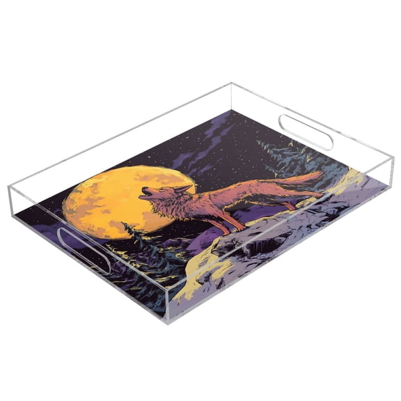 Acrylic Serving Tray 15.7x11.8 Inch Majestic Howling Wolf Illustration Anti-Spill Decorative Tray with Handles, Countertop Storage Organizer for Kitchen Dining Restaurant Bathroom