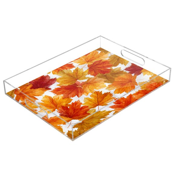 Acrylic Serving Tray 15.7x11.8 Inch Maple Leaf Design Anti-Spill Decorative Tray with Handles, Countertop Storage Organizer for Kitchen Dining Restaurant Bathroom