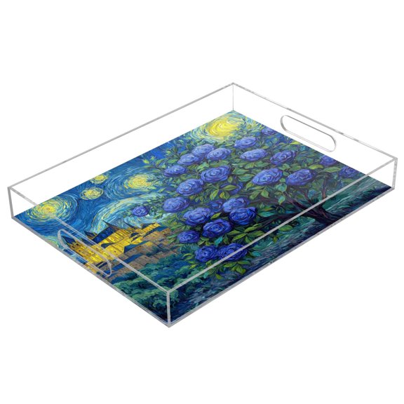 Acrylic Serving Tray 15.7x11.8 Inch Midnight Rose Citadel Anti-Spill Decorative Tray with Handles, Countertop Storage Organizer for Kitchen Dining Restaurant Bathroom
