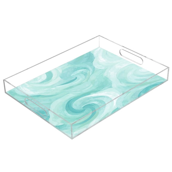 Acrylic Serving Tray 15.7x11.8 Inch Mint Swirl Watercolor Print Anti-Spill Decorative Tray with Handles, Countertop Storage Organizer for Kitchen Dining Restaurant Bathroom