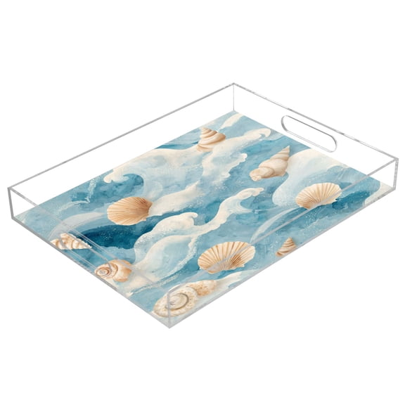 Acrylic Serving Tray 15.7x11.8 Inch Moody Coastal Beach Wave Design Anti-Spill Decorative Tray with Handles, Countertop Storage Organizer for Kitchen Dining Restaurant Bathroom