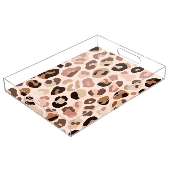 Acrylic Serving Tray 15.7x11.8 Inch Natural Tone Leopard Print Anti-Spill Decorative Tray with Handles, Countertop Storage Organizer for Kitchen Dining Restaurant Bathroom