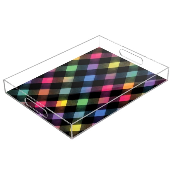 Acrylic Serving Tray 15.7x11.8 Inch Neon Rainbow Checkered Pattern Anti-Spill Decorative Tray with Handles, Countertop Storage Organizer for Kitchen Dining Restaurant Bathroom