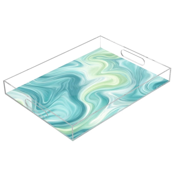 Acrylic Serving Tray 15.7x11.8 Inch Oceanic Liquid Marble Design Anti-Spill Decorative Tray with Handles, Countertop Storage Organizer for Kitchen Dining Restaurant Bathroom