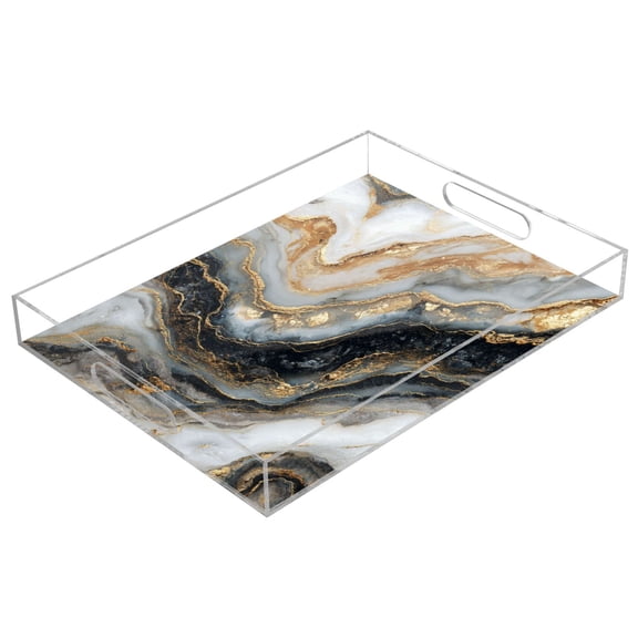 Acrylic Serving Tray 15.7x11.8 Inch Onyx Gilded Marble Anti-Spill Decorative Tray with Handles, Countertop Storage Organizer for Kitchen Dining Restaurant Bathroom
