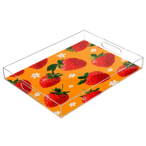 Acrylic Serving Tray 15.7x11.8 Inch Orange Background Strawberry Print Anti-Spill Decorative Tray with Handles, Countertop Storage Organizer for Kitchen Dining Restaurant Bathroom
