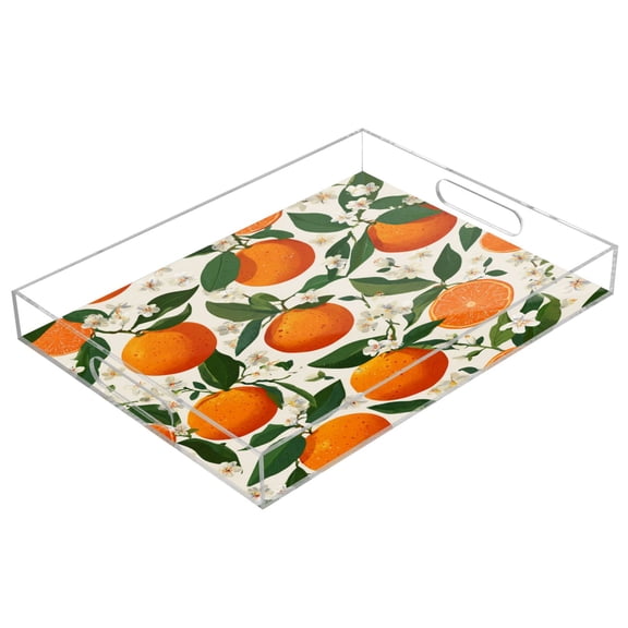 Acrylic Serving Tray 15.7x11.8 Inch Orange Blossom Pattern Anti-Spill Decorative Tray with Handles, Countertop Storage Organizer for Kitchen Dining Restaurant Bathroom