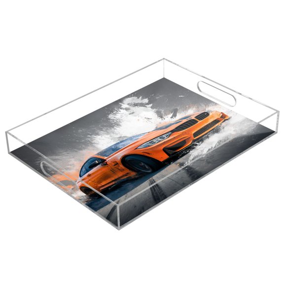 Acrylic Serving Tray 15.7x11.8 Inch Orange Car Pattern Anti-Spill Decorative Tray with Handles, Countertop Storage Organizer for Kitchen Dining Restaurant Bathroom