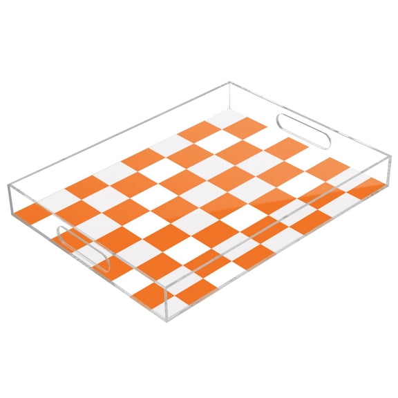 Acrylic Serving Tray 15.7x11.8 Inch Orange Checkerboard Anti-Spill Decorative Tray with Handles, Countertop Storage Organizer for Kitchen Dining Restaurant Bathroom
