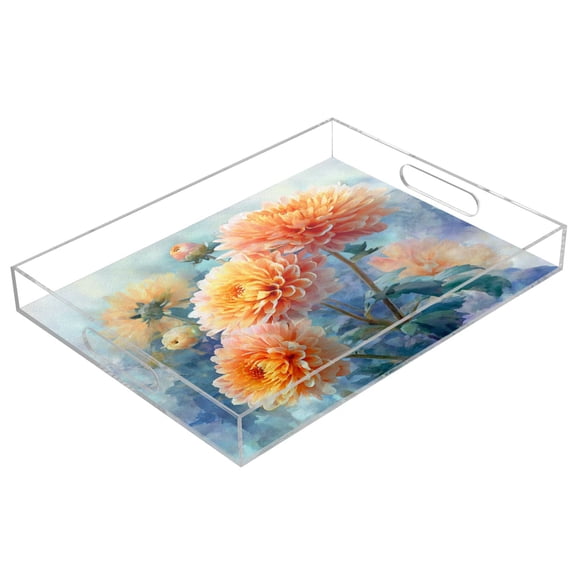 Acrylic Serving Tray 15.7x11.8 Inch Orange Chrysanthemums Pattern Anti-Spill Decorative Tray with Handles, Countertop Storage Organizer for Kitchen Dining Restaurant Bathroom