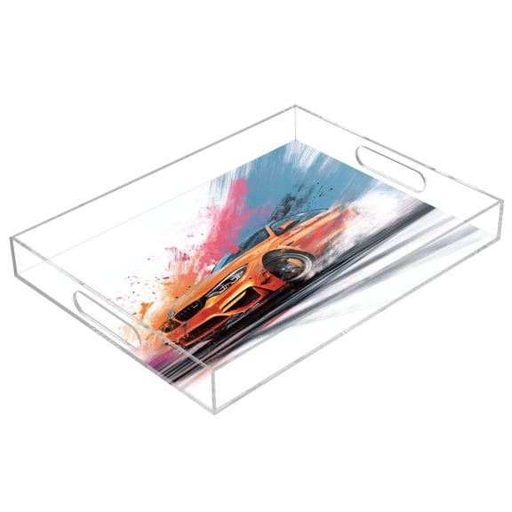 Acrylic Serving Tray 15.7x11.8 Inch Orange Cool Car Anti-Spill Decorative Tray with Handles, Countertop Storage Organizer for Kitchen Dining Restaurant Bathroom