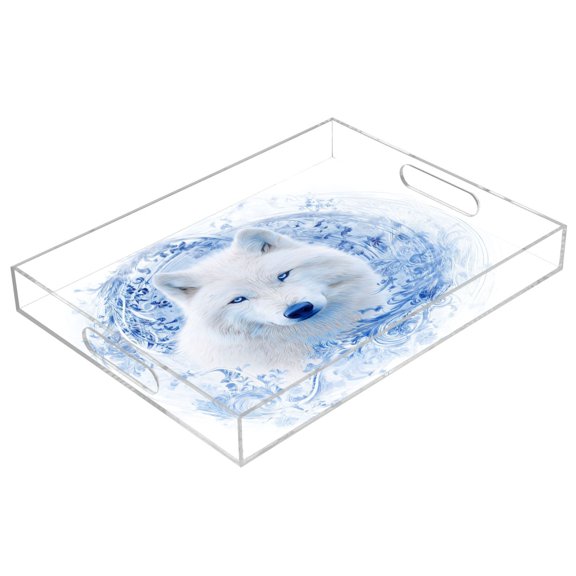 Acrylic Serving Tray 15.7x11.8 Inch Orchid and White Wolf Anti-Spill Decorative Tray with Handles, Countertop Storage Organizer for Kitchen Dining Restaurant Bathroom