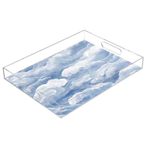 Acrylic Serving Tray 15.7x11.8 Inch Oriental Cloud Patterns Anti-Spill Decorative Tray with Handles, Countertop Storage Organizer for Kitchen Dining Restaurant Bathroom
