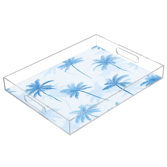 Acrylic Serving Tray 15.7x11.8 Inch Pale Blue Oasis Anti-Spill Decorative Tray with Handles, Countertop Storage Organizer for Kitchen Dining Restaurant Bathroom