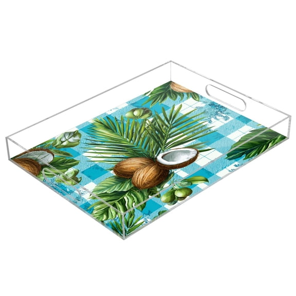 Acrylic Serving Tray 15.7x11.8 Inch Palm Leaves and Coconuts Anti-Spill Decorative Tray with Handles, Countertop Storage Organizer for Kitchen Dining Restaurant Bathroom