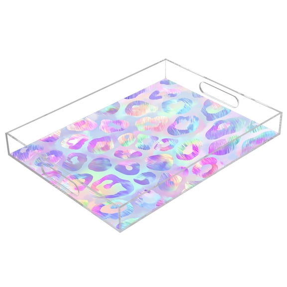 Acrylic Serving Tray 15.7x11.8 Inch Pastel Hologram Leopard Print Anti-Spill Decorative Tray with Handles, Countertop Storage Organizer for Kitchen Dining Restaurant Bathroom
