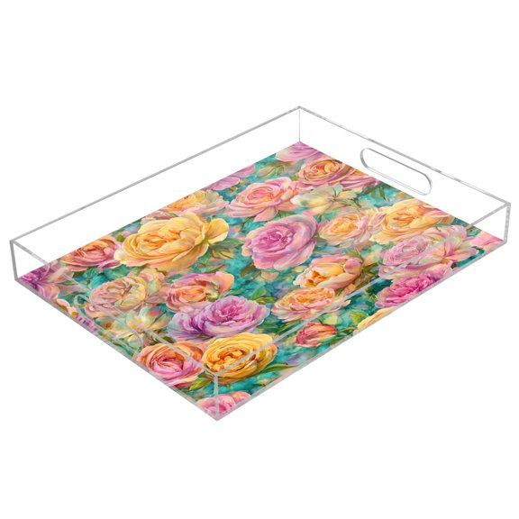 Acrylic Serving Tray 15.7x11.8 Inch Peach and Turquoise Flowers Anti-Spill Decorative Tray with Handles, Countertop Storage Organizer for Kitchen Dining Restaurant Bathroom