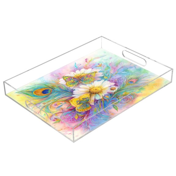 Acrylic Serving Tray 15.7x11.8 Inch Peacock Feathers Art Pattern Anti-Spill Decorative Tray with Handles, Countertop Storage Organizer for Kitchen Dining Restaurant Bathroom