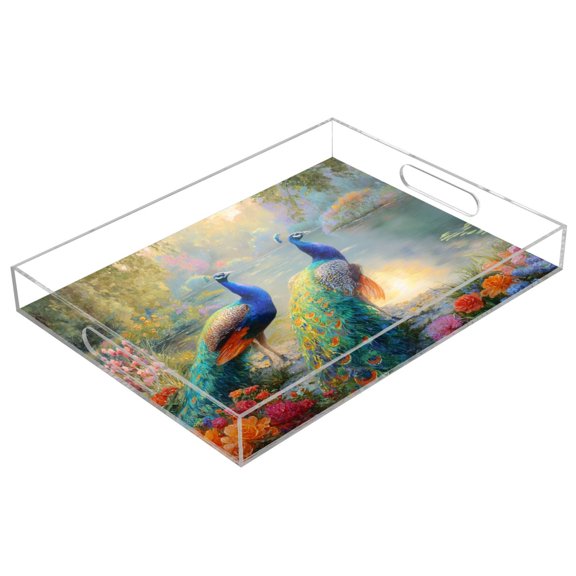 Acrylic Serving Tray 15.7x11.8 Inch Peacocks in Wonderland Anti-Spill Decorative Tray with Handles, Countertop Storage Organizer for Kitchen Dining Restaurant Bathroom