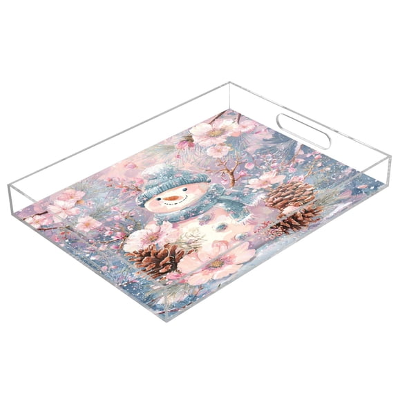 Acrylic Serving Tray 15.7x11.8 Inch Pink Blue Scarf Snowman Anti-Spill Decorative Tray with Handles, Countertop Storage Organizer for Kitchen Dining Restaurant Bathroom