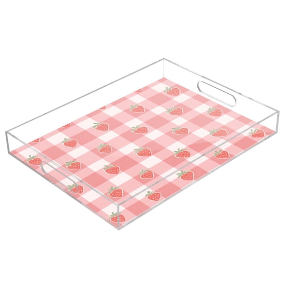 Acrylic Serving Tray 15.7x11.8 Inch Pink Gingham Strawberry Anti-Spill Decorative Tray with Handles, Countertop Storage Organizer for Kitchen Dining Restaurant Bathroom