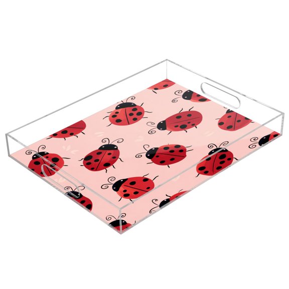 Acrylic Serving Tray 15.7x11.8 Inch Pink Ladybug Print Anti-Spill Decorative Tray with Handles, Countertop Storage Organizer for Kitchen Dining Restaurant Bathroom