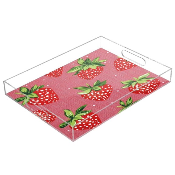 Acrylic Serving Tray 15.7x11.8 Inch Pink Linen Strawberry Print Anti-Spill Decorative Tray with Handles, Countertop Storage Organizer for Kitchen Dining Restaurant Bathroom