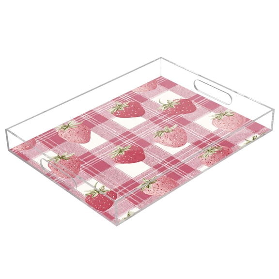 Acrylic Serving Tray 15.7x11.8 Inch Pink Strawberry Plaid Print Anti-Spill Decorative Tray with Handles, Countertop Storage Organizer for Kitchen Dining Restaurant Bathroom