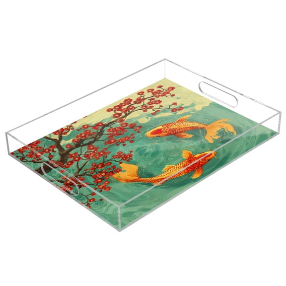 Acrylic Serving Tray 15.7x11.8 Inch Plum Blossom Koi Anti-Spill Decorative Tray with Handles, Countertop Storage Organizer for Kitchen Dining Restaurant Bathroom