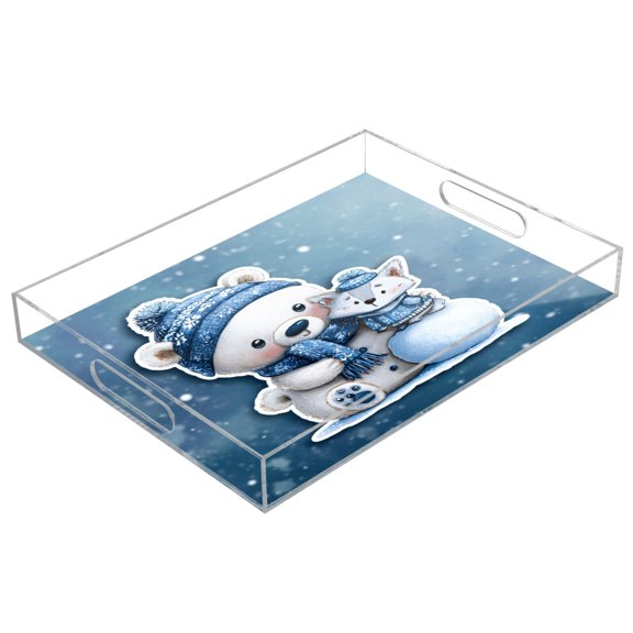 Acrylic Serving Tray 15.7x11.8 Inch Polar Bear and Fox Pattern Anti-Spill Decorative Tray with Handles, Countertop Storage Organizer for Kitchen Dining Restaurant Bathroom