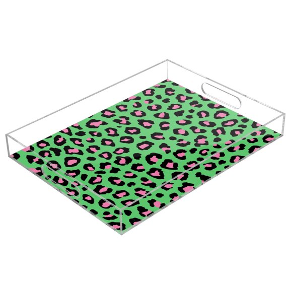 Acrylic Serving Tray 15.7x11.8 Inch Powder Green Retro Leopard Print Anti-Spill Decorative Tray with Handles, Countertop Storage Organizer for Kitchen Dining Restaurant Bathroom