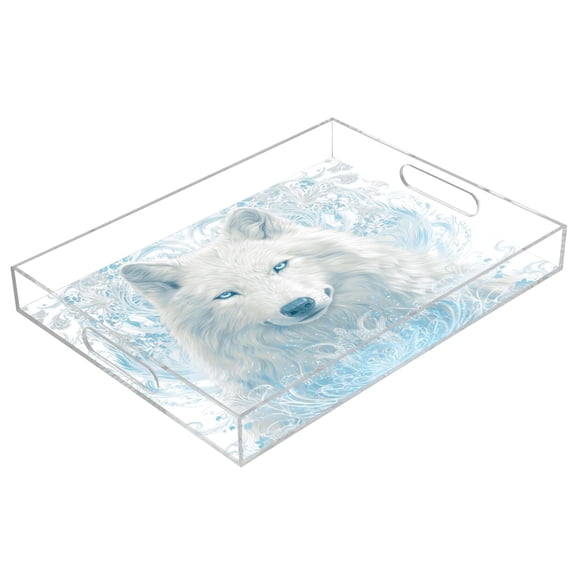 Acrylic Serving Tray 15.7x11.8 Inch The Proud White Wolf Anti-Spill Decorative Tray with Handles, Countertop Storage Organizer for Kitchen Dining Restaurant Bathroom