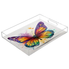 Acrylic Serving Tray 15.7x11.8 Inch Rainbow Spectrum Butterfly Anti-Spill Decorative Tray with Handles, Countertop Storage Organizer for Kitchen Dining Restaurant Bathroom