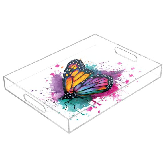 Acrylic Serving Tray 15.7x11.8 Inch Rainbow Splatter Butterfly Print Anti-Spill Decorative Tray with Handles, Countertop Storage Organizer for Kitchen Dining Restaurant Bathroom