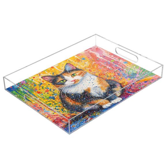 Acrylic Serving Tray 15.7x11.8 Inch Rainbow Splatter Calico Cat Anti-Spill Decorative Tray with Handles, Countertop Storage Organizer for Kitchen Dining Restaurant Bathroom