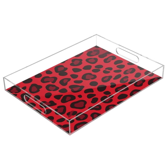 Acrylic Serving Tray 15.7x11.8 Inch Red Black Tonal Leopard Print Anti-Spill Decorative Tray with Handles, Countertop Storage Organizer for Kitchen Dining Restaurant Bathroom