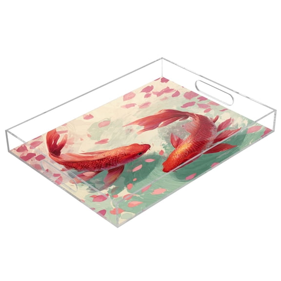 Acrylic Serving Tray 15.7x11.8 Inch Red Koi Harmony Anti-Spill Decorative Tray with Handles, Countertop Storage Organizer for Kitchen Dining Restaurant Bathroom