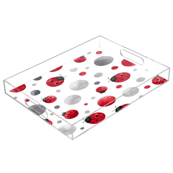 Acrylic Serving Tray 15.7x11.8 Inch Red Ladybug Polka Dot Anti-Spill Decorative Tray with Handles, Countertop Storage Organizer for Kitchen Dining Restaurant Bathroom