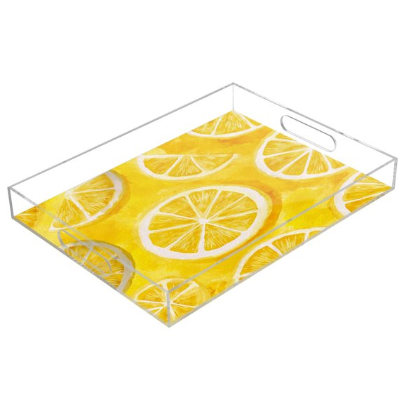 Acrylic Serving Tray 15.7x11.8 Inch Retro Lemon Slice Pattern Anti-Spill Decorative Tray with Handles, Countertop Storage Organizer for Kitchen Dining Restaurant Bathroom