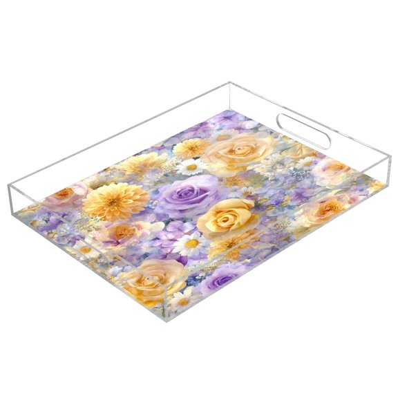 Acrylic Serving Tray 15.7x11.8 Inch Romantic Rose Daisy Pattern Anti-Spill Decorative Tray with Handles, Countertop Storage Organizer for Kitchen Dining Restaurant Bathroom